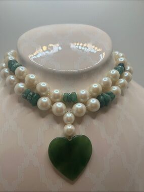 Pearl and Green Jade Heart Necklace - Elegant Double Strand Women’s Jewelry
